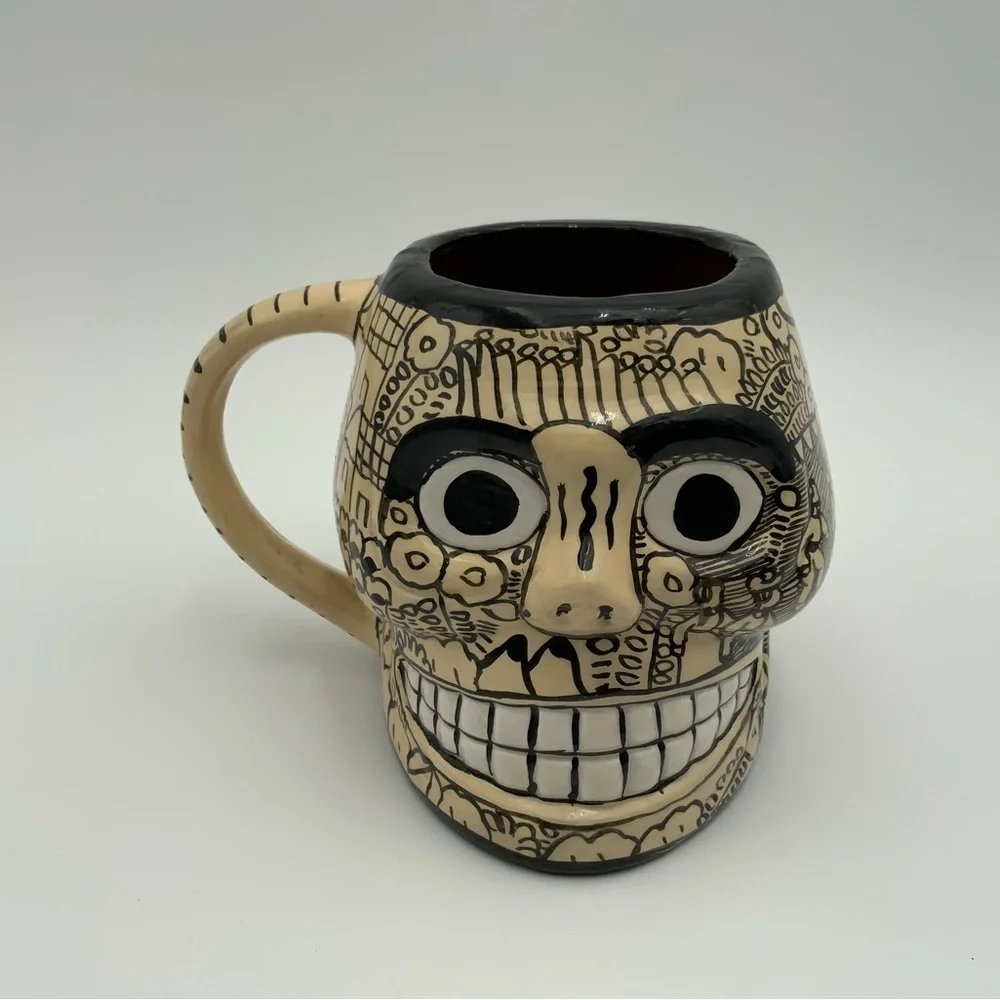Handmade & Painted Sugar Skull Mug Red Clay Day of the Dead Dia De Los Muertos - Picture 2 of 8